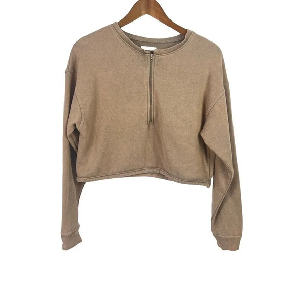 Urban Outfitters Women’s Crop Top Sweatshirt 1/2 Zip Stone Wash Brown Sz Medium - Picture 1 of 7